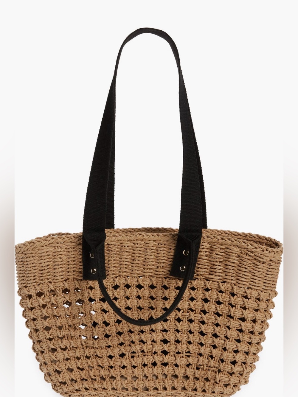 Woven Straw Tote Bag with Short and Long Black Shoulder Straps